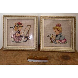 VTG Pair Framed Needlepoint Little Girls Playing Dress up Coloring Duck 8.5x8.5"